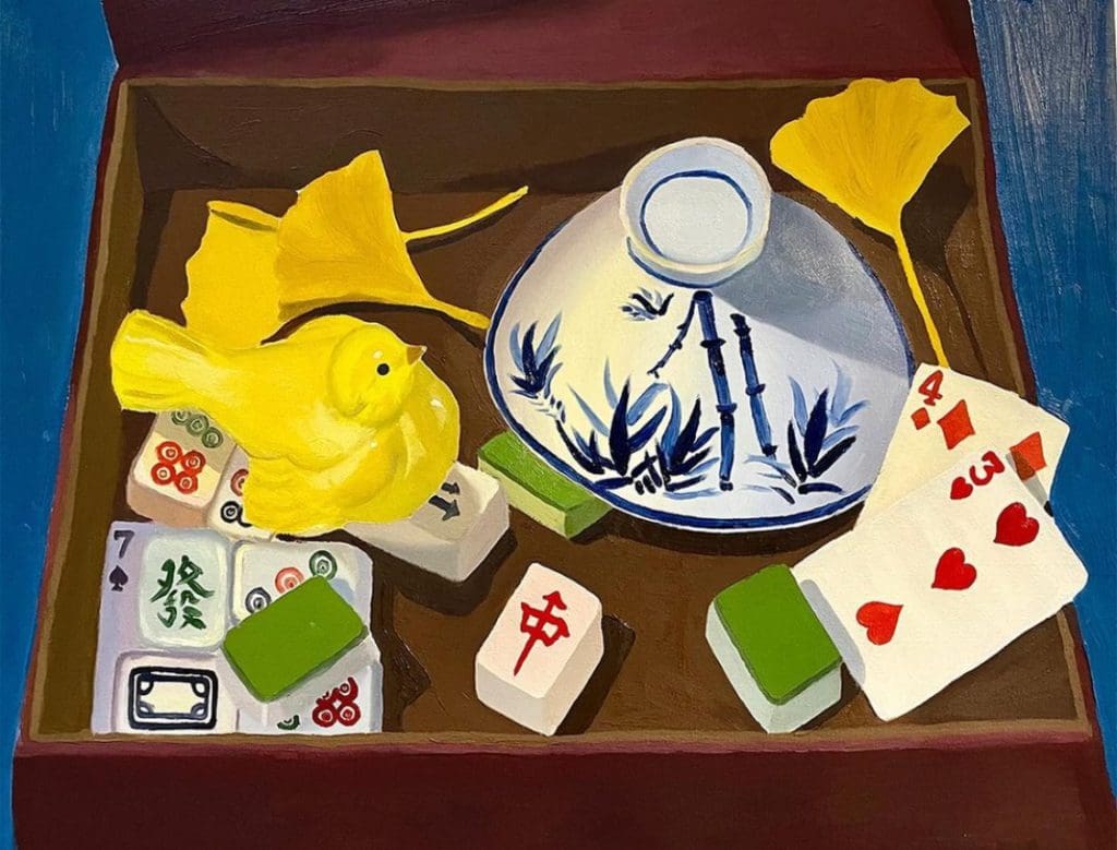 observational painting of items inside of a wooden box